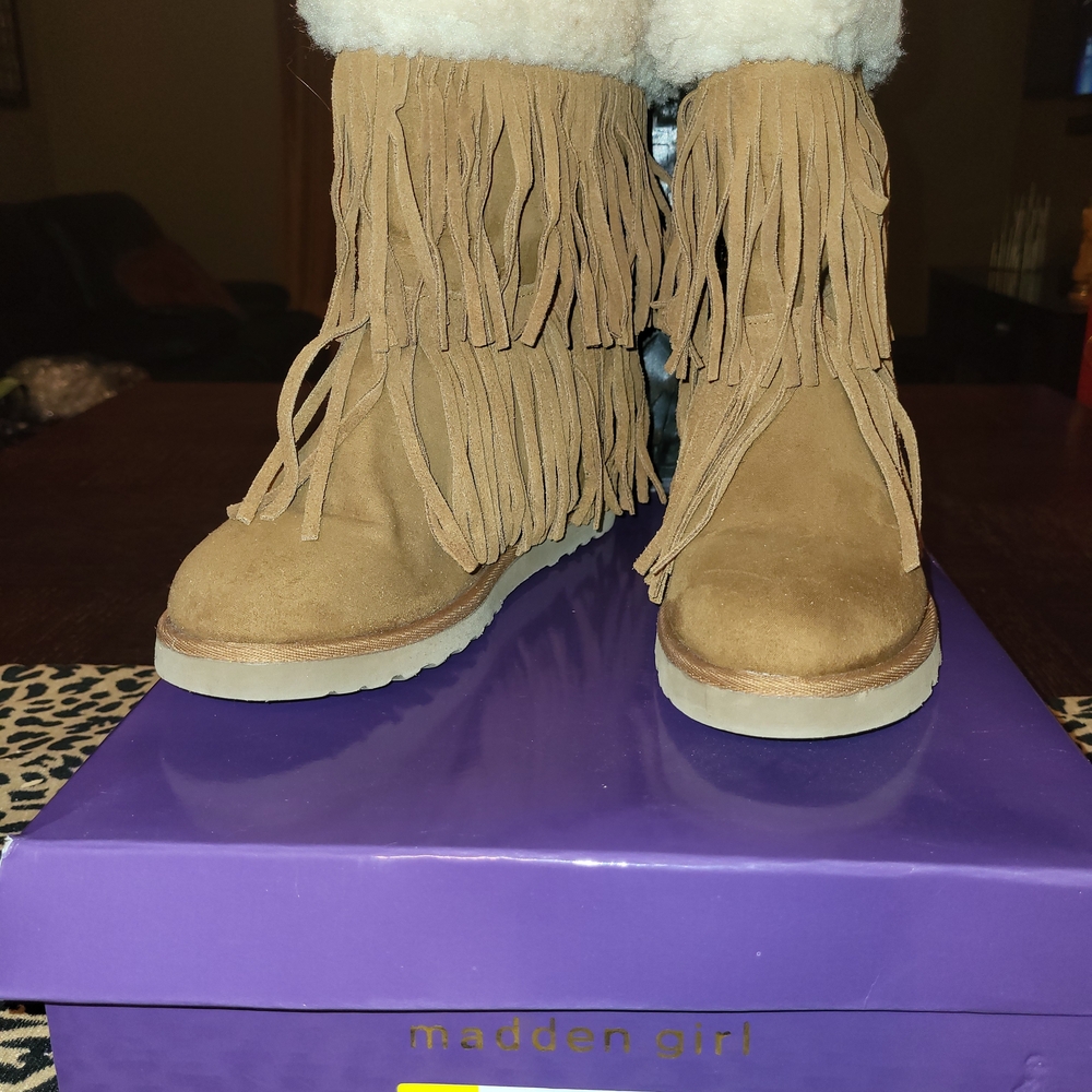 Madden Girl Sleet Cognac Fringe Hidden Wedge Boots